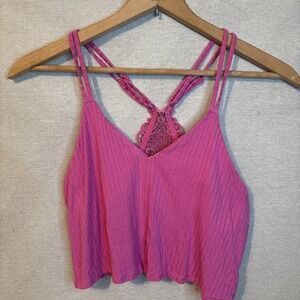 Aerie Womens Ribbed Crop Top Bralette Pink Large Lace Coquette Sexy Feminine Fun